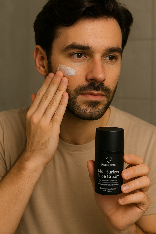 Man applying moisturizer to his face with a PAURUSH Moisturizer Face Cream bottle.