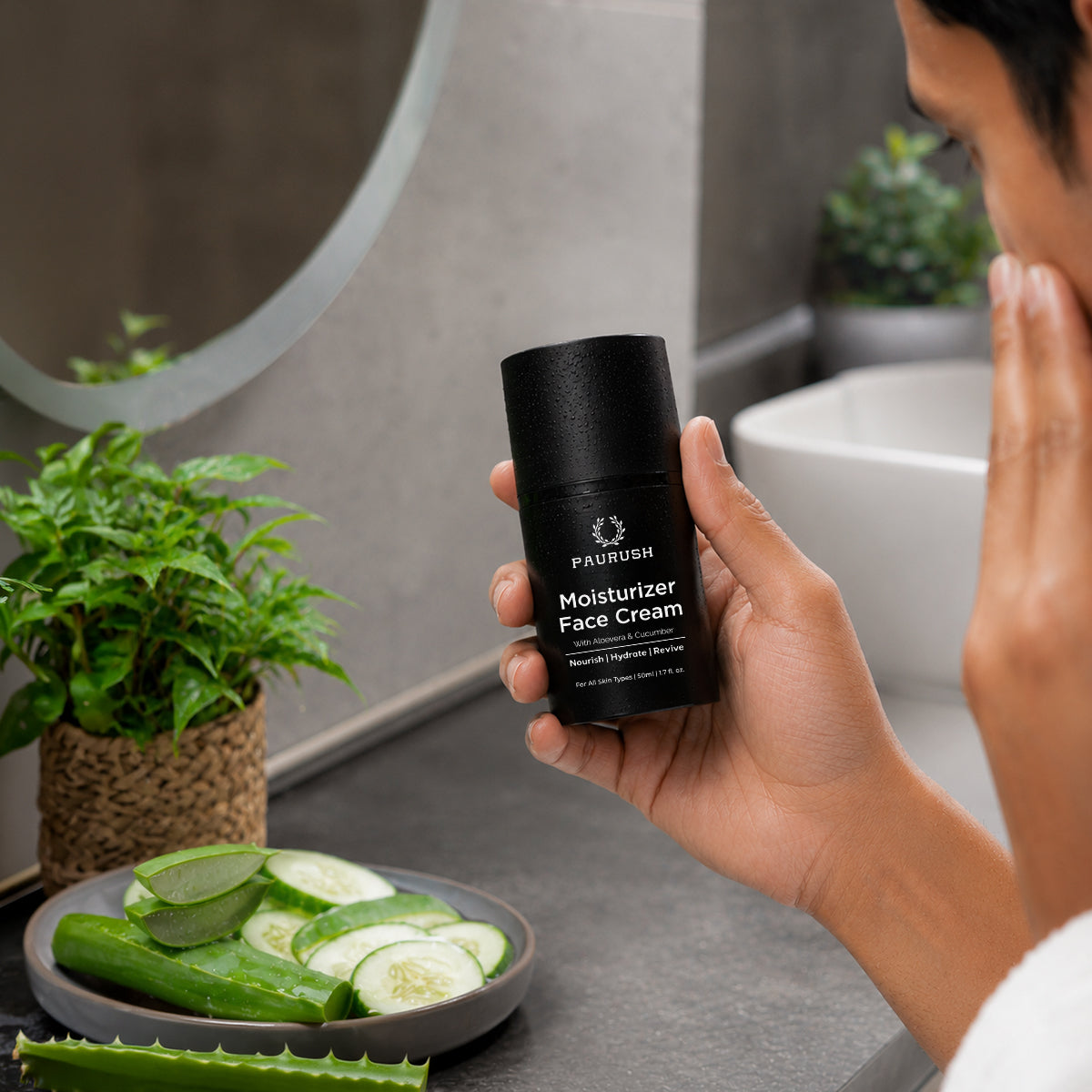 Man applying PAURUSH moisturizer face cream - lifestyle photo
