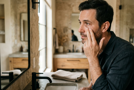 Man gently touching his under-eye area while looking into a bathroom mirror.