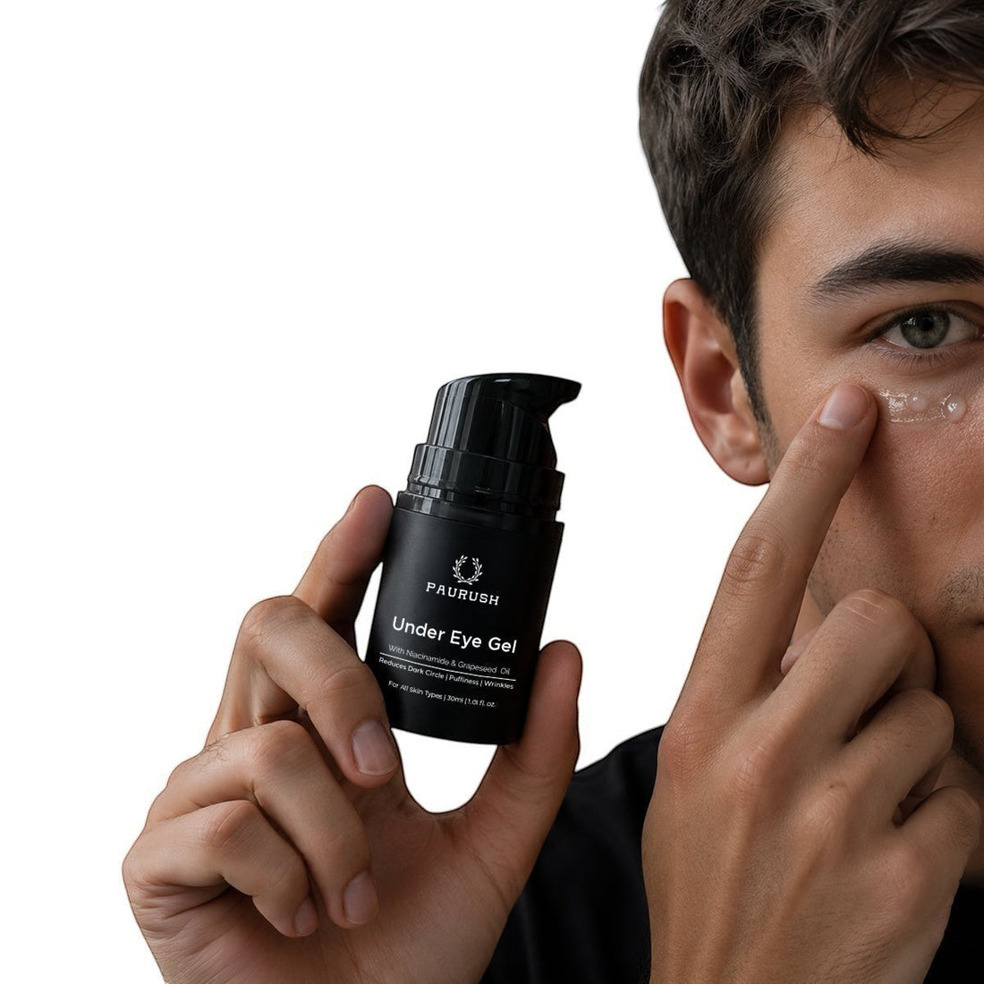 Man applying PAURUSH under eye gel to reduce dark circles and puffiness