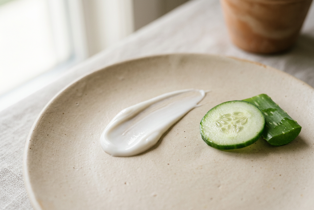 Illustrative moisturizer cream texture beside cucumber and aloe on a neutral ceramic plate.