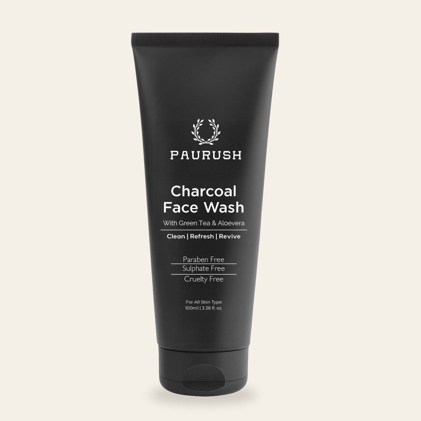 PAURUSH Charcoal Face Wash for men — matte black tube, front view