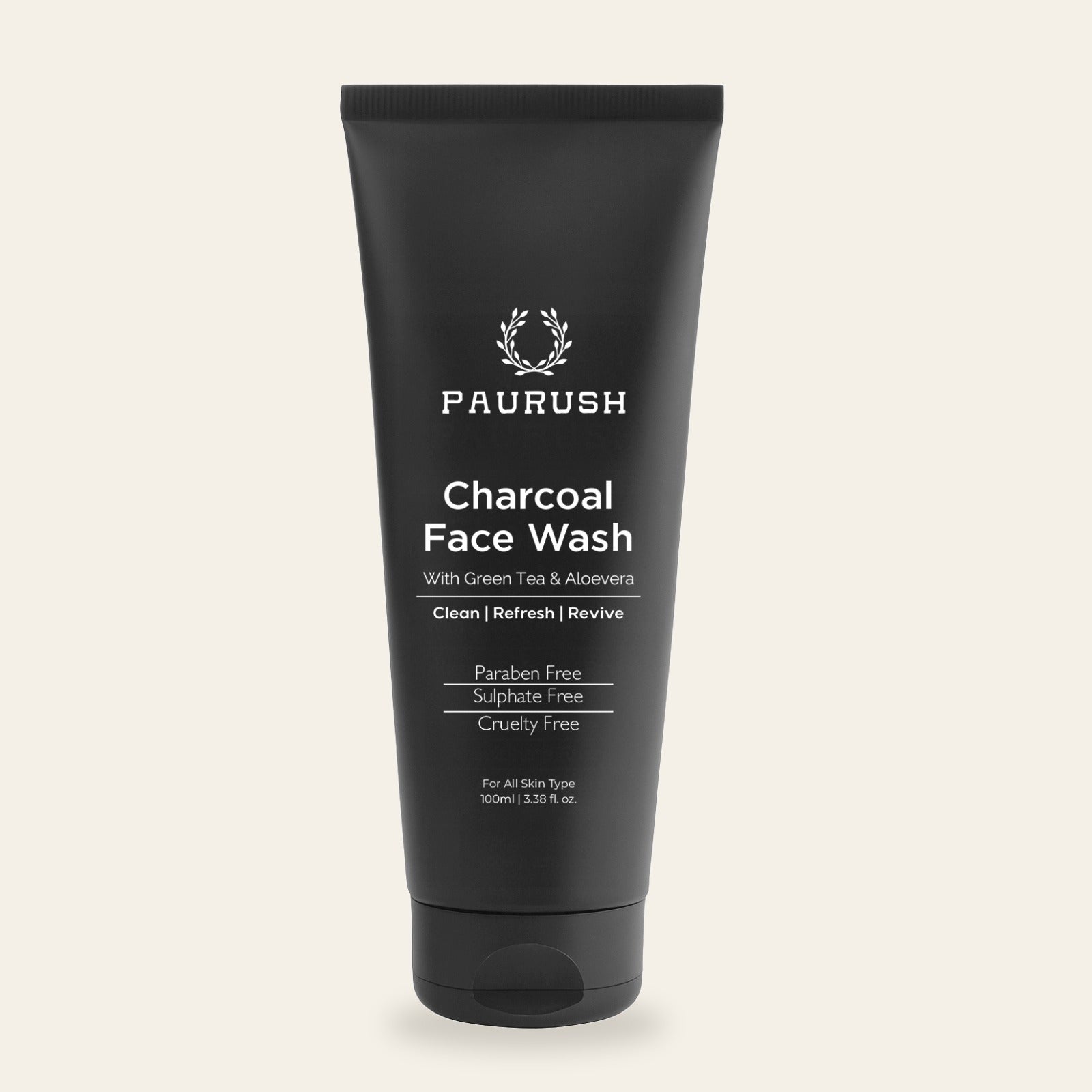 PAURUSH Charcoal Face Wash for men — matte black tube, front view