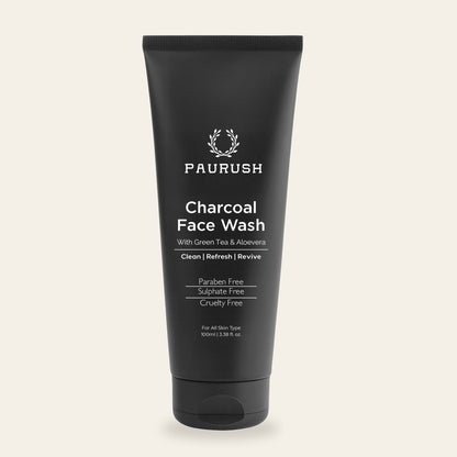 PAURUSH Charcoal Face Wash for men — matte black tube, front view