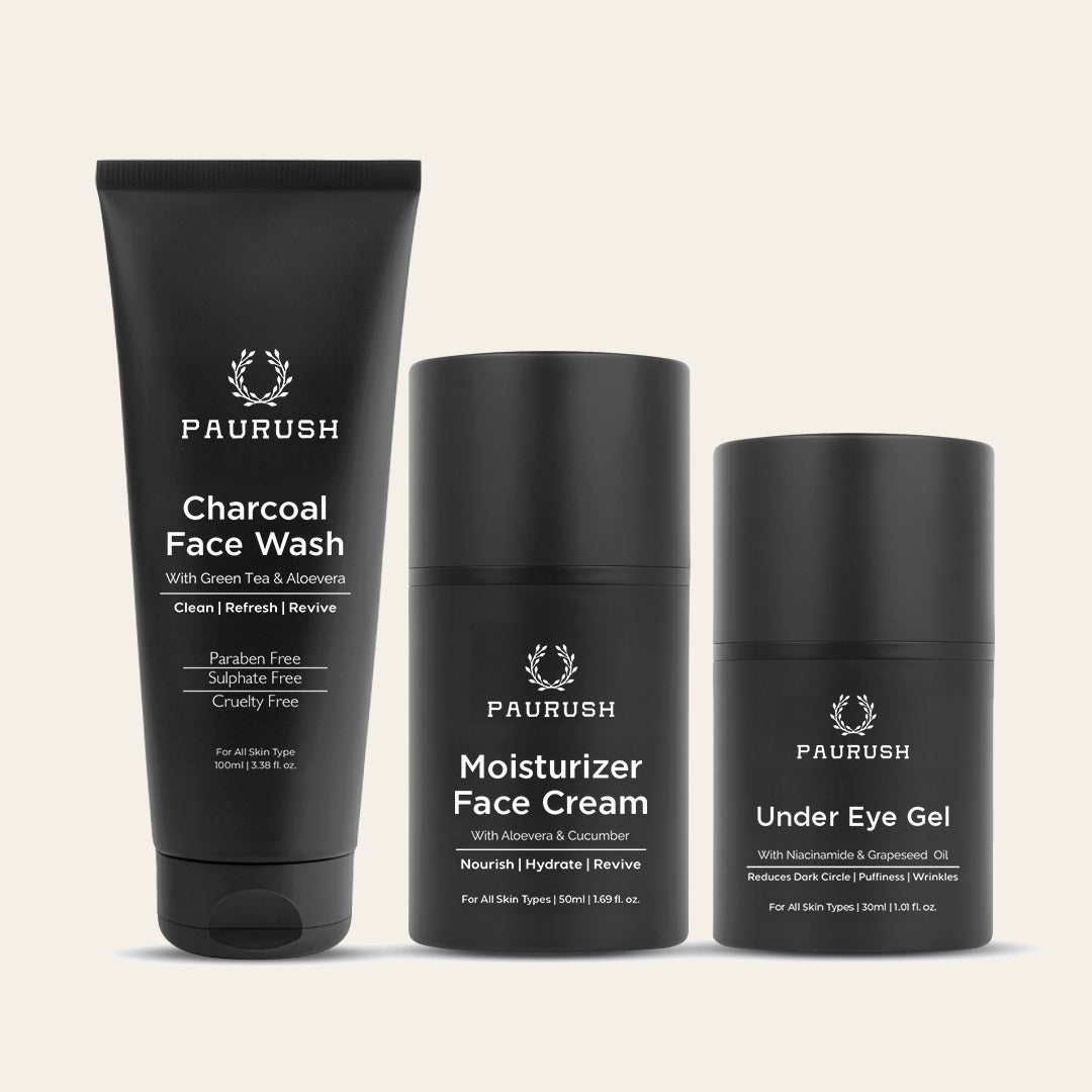 PAURUSH The Complete Routine — Charcoal Face Wash, Moisturizer and Under Eye Gel three-piece set