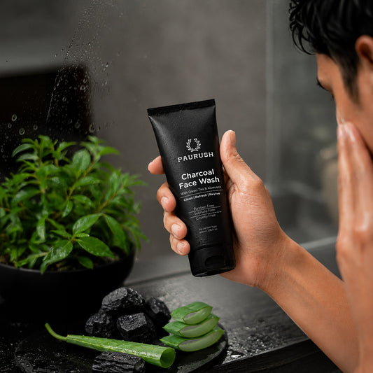 Man using PAURUSH charcoal face wash - lifestyle photo