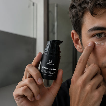 Man applying PAURUSH under eye gel - lifestyle photo