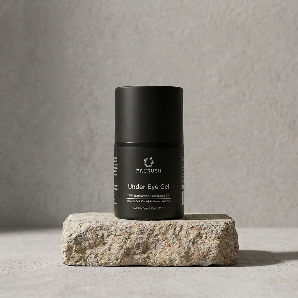 PAURUSH Under Eye Gel for men standing on a rough stone block against grey concrete
