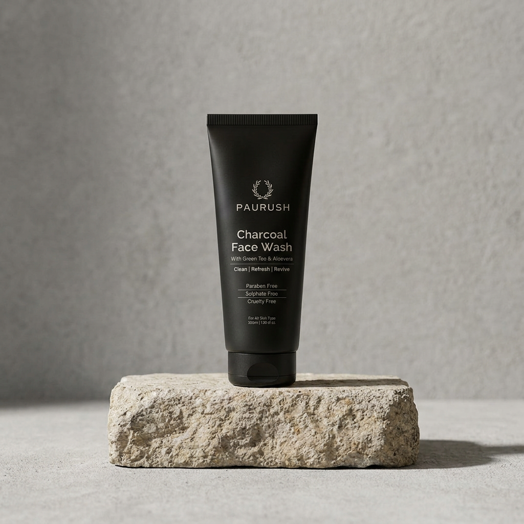 PAURUSH Charcoal Face Wash for men standing on a rough stone block against grey concrete