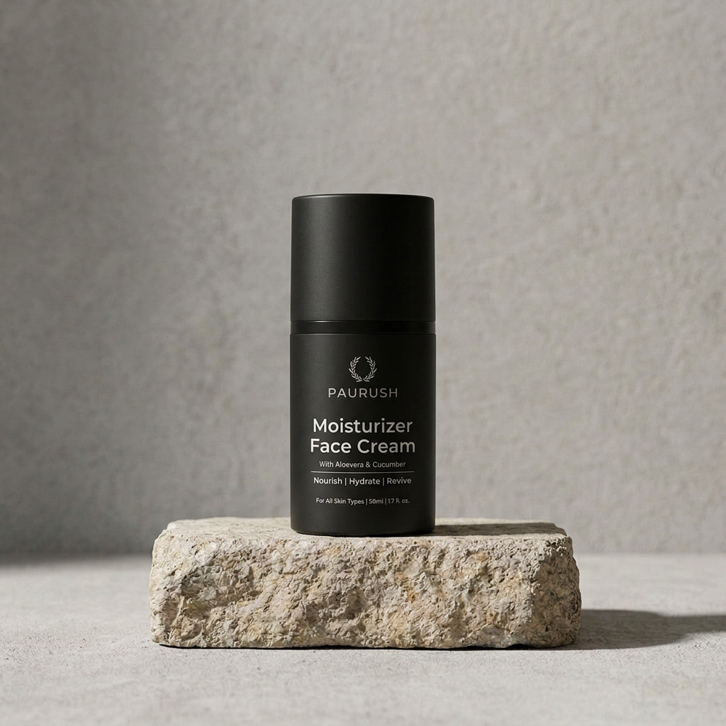 PAURUSH Moisturizer Face Cream for men standing on a rough stone block against grey concrete